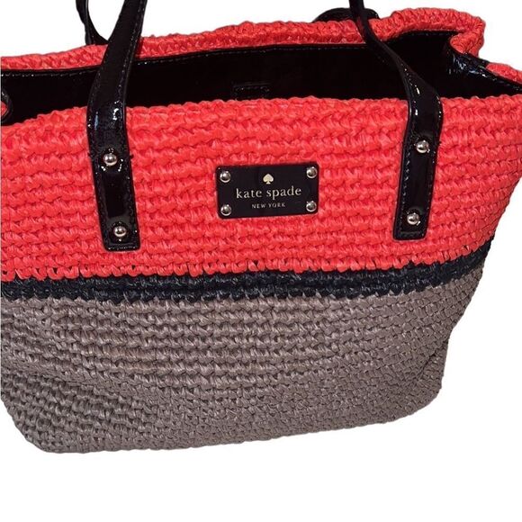 Kate Spade Black Orange Brown Straw and Patent Leather Shoulder Bag Tote - Picture 11 of 12
